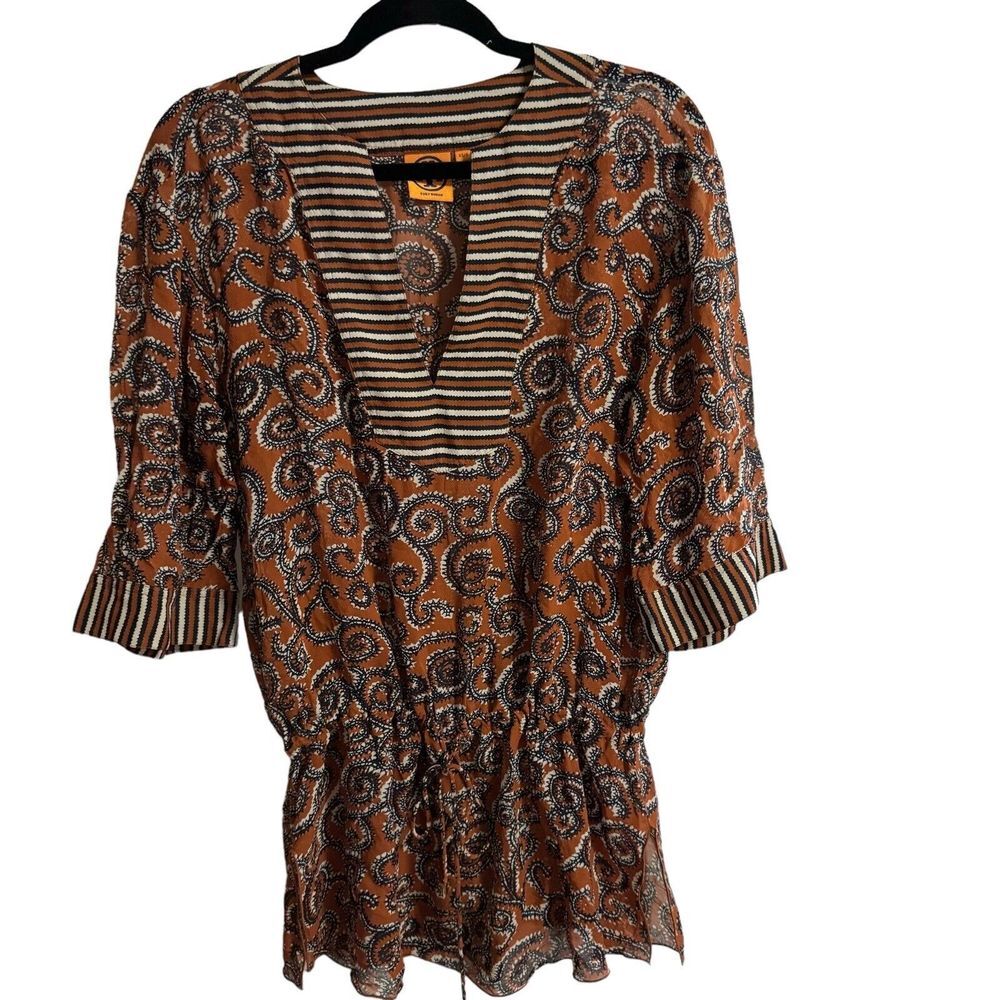 Tory Burch Brown Paisley Tunic with Black and Cream Stripes